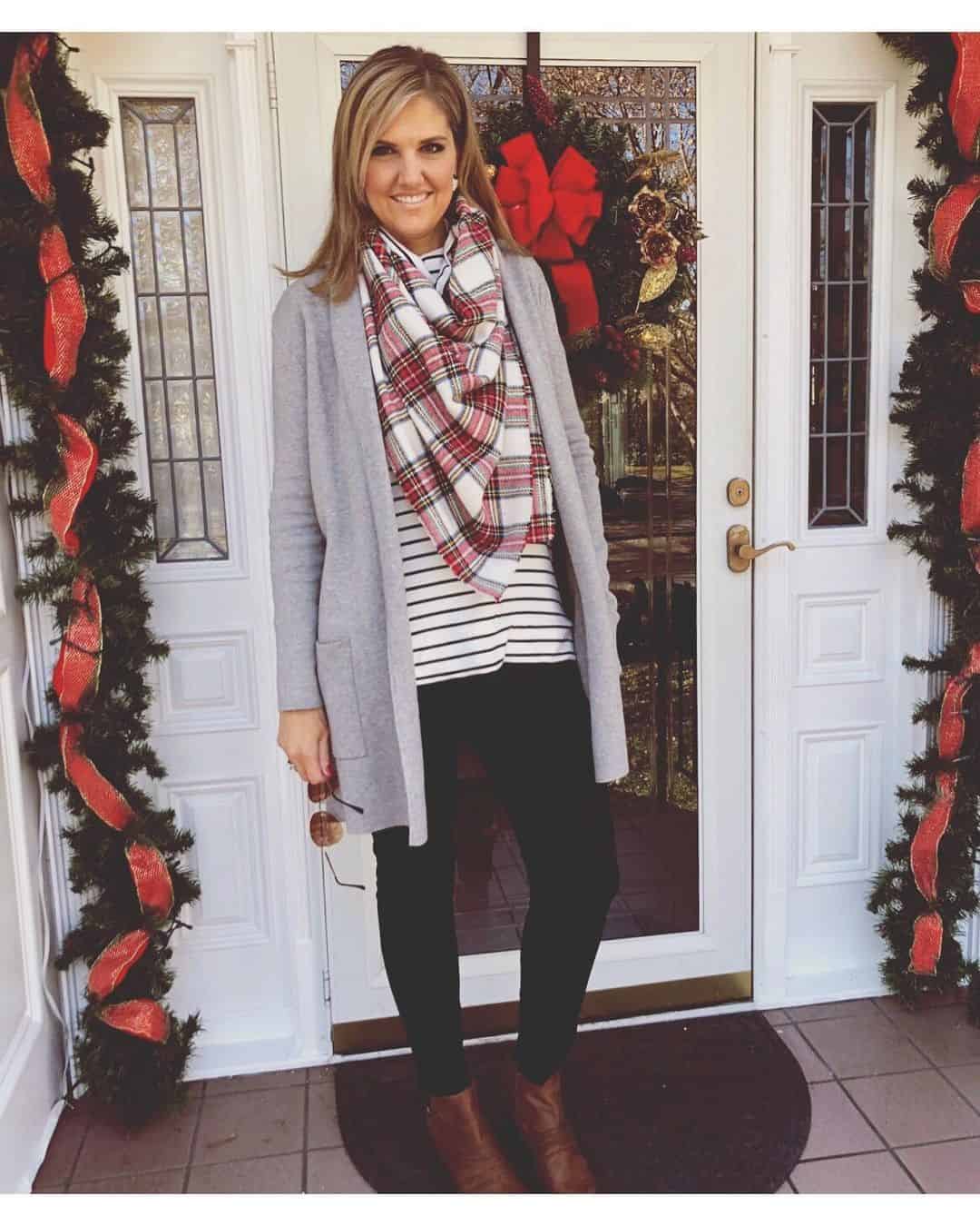 17 – Striped Shirt Layered With Plaid Scarf & Grey Shrug