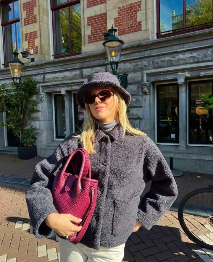 10 – Grey Turtleneck And White Trousers With Black Jacket And Bucket Hat