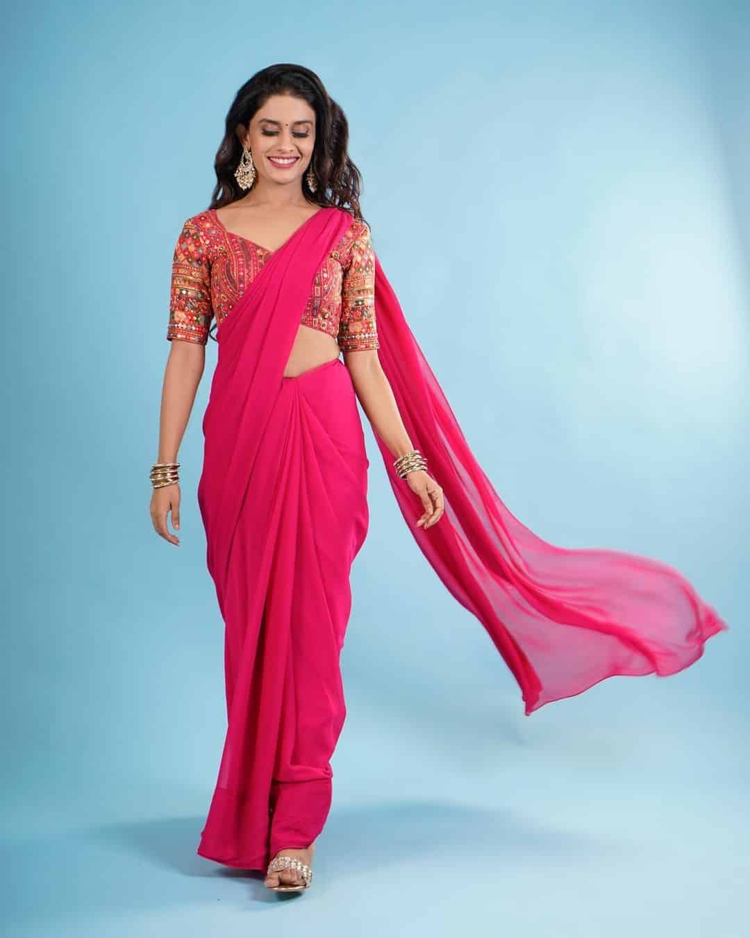 3 – Plain Pink Saree With Printed Blouse