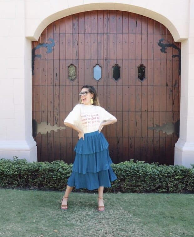 13 – Printed White T-Shirt With Tiered and Ruffled Blue Midi Skirt