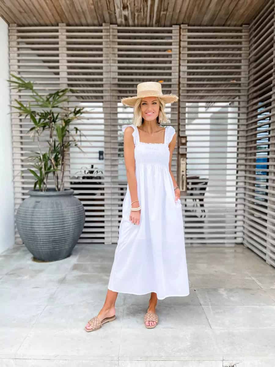 Deal with the Heat with White Cotton Tiered Dress Styled with a Hat