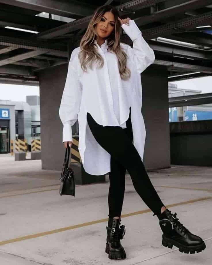 13 – White Oversized Button-Down Shirt With Black Leggings