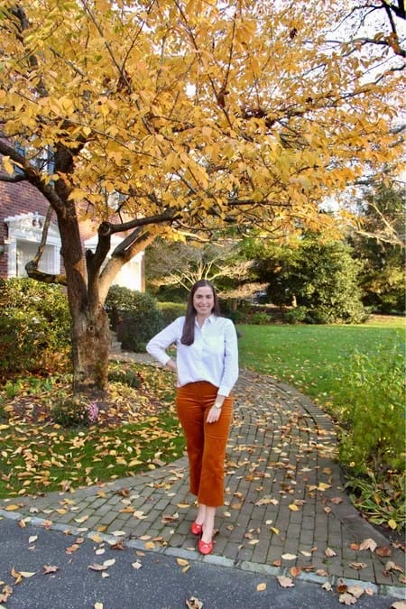 5 – Orange Suede High-Rise Pants With Red Ballet flats And A White Button Down