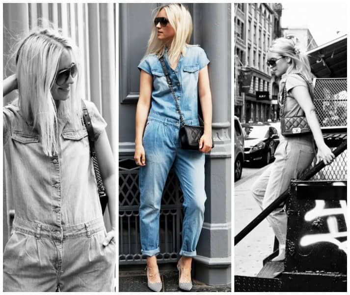 ↓ 13 – Denim Jumpsuit with Printed Pumps