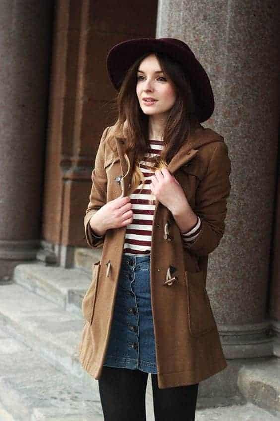 7 – Cowboy Velvet Hat With Brown Coat And Buttoned Denim Skirt