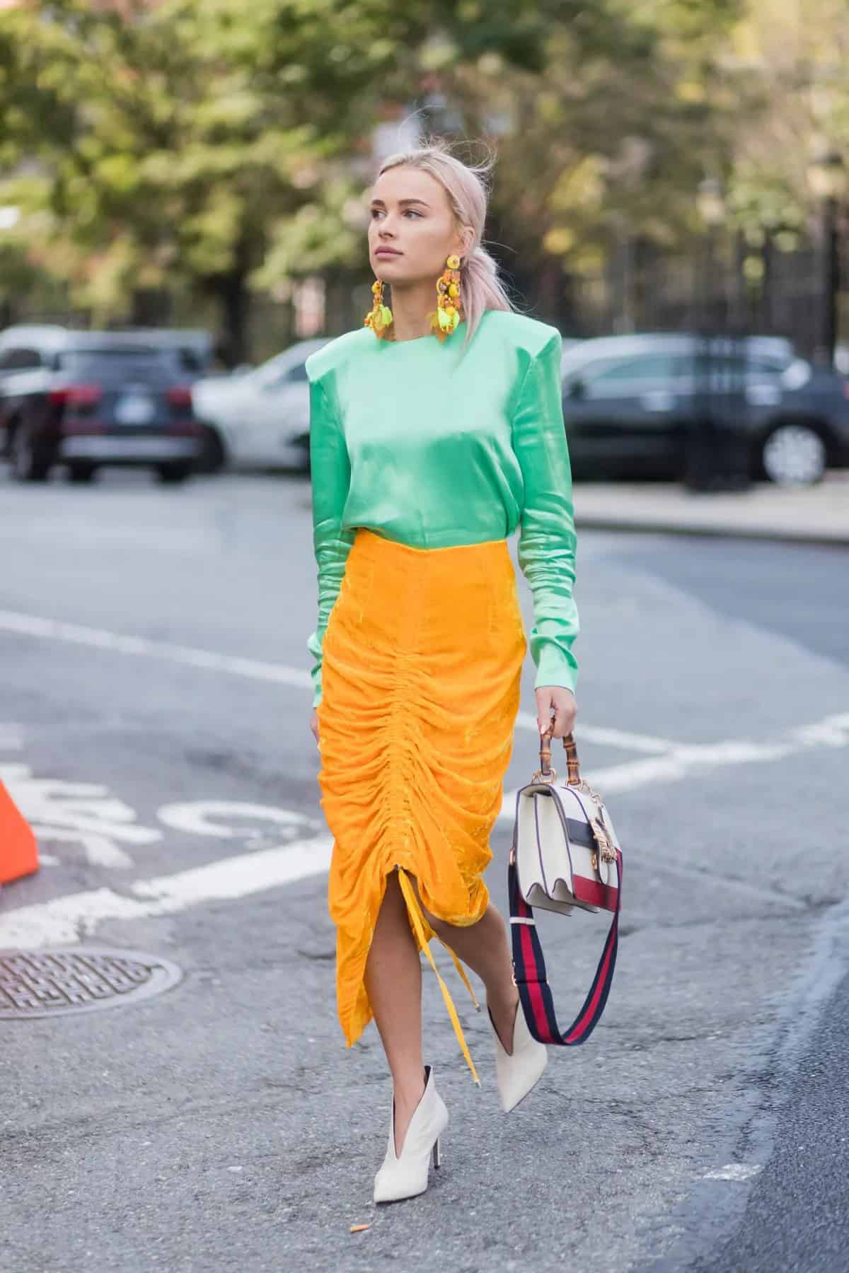 5 – Mint green top with yellow cinched skirt