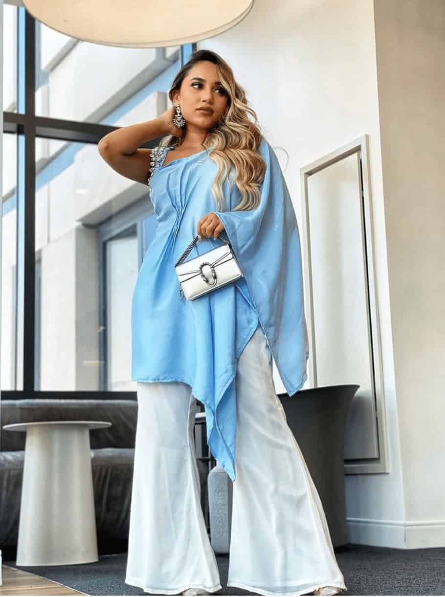 10 – Baby Blue Kaftan Dress With White Flared Trousers