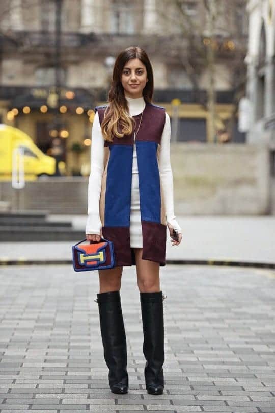 # 11 – Street Style with Blazer-  With a Short Dress and Long Shoes