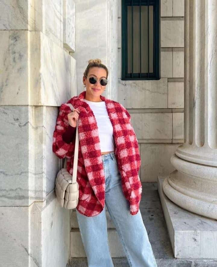 18 – White Shirt And Denim Pants With Red Checkered Jacket