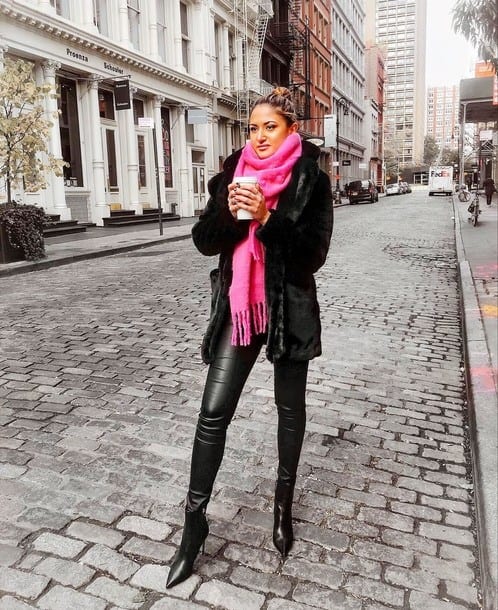 12 – Black Teddy Coat With Leather Pants And A Pink Scarf