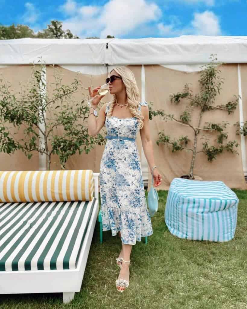 10 – White Tiered Dress with Light Blue Floral Print and Blue Belt