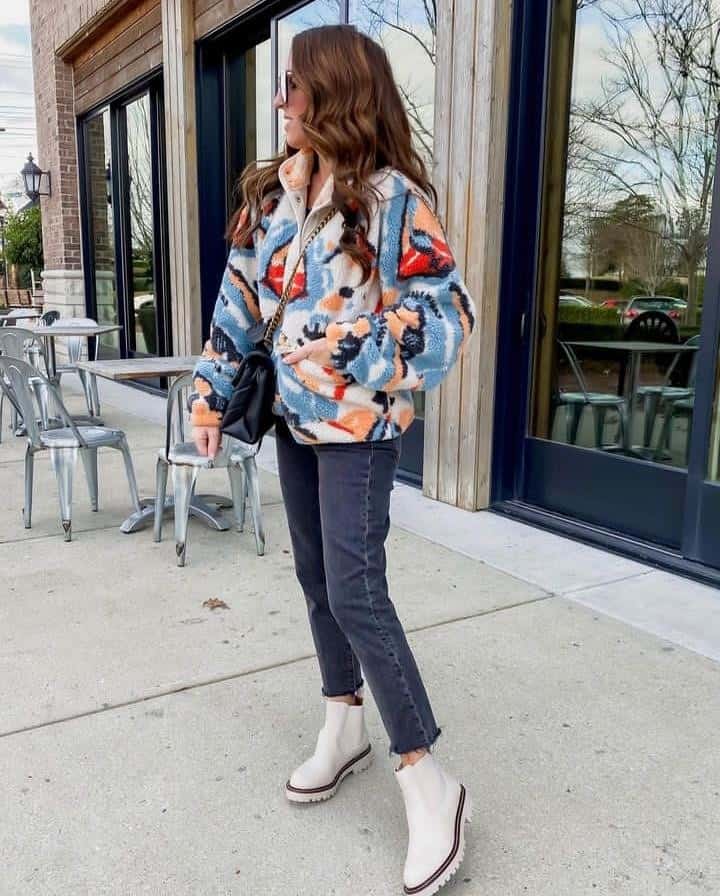 11 – Blue Printed Jacket With Straight Jeans And White Boots