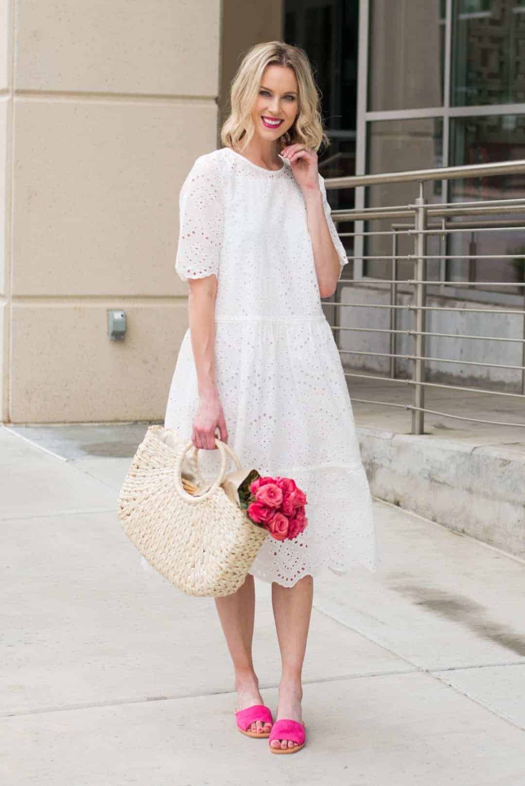 15 – Get the Farmer’s Market Look Down in a White Midi Dress with Hot Pink Lip & Accessories