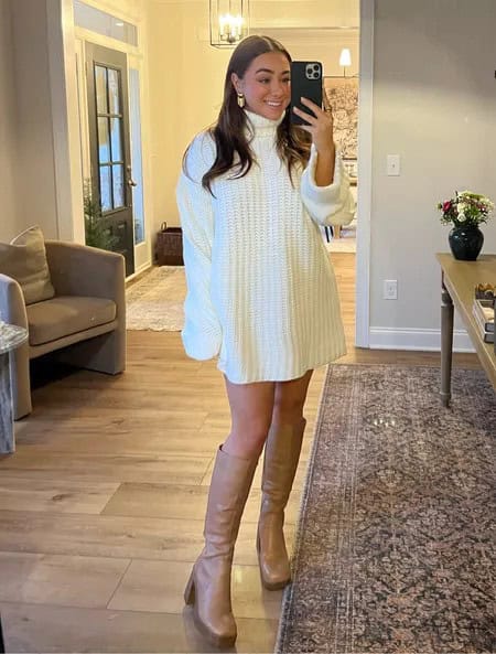 11 – White Turtle Neck Knitted Sweater With Brown Heeled Boots