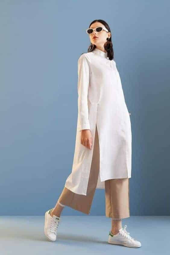 04 – White Long Side Cut Shirt With Khakhi Straight Pants