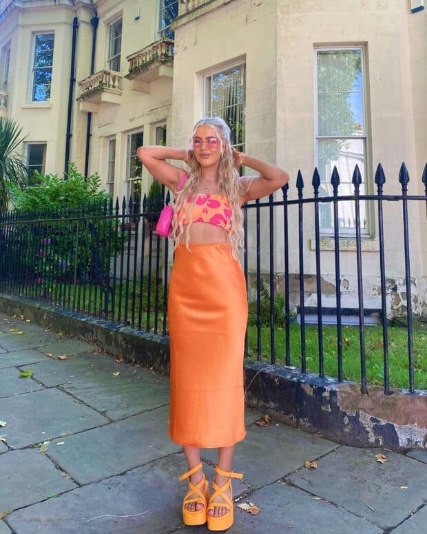 2 – Pink and Orange Minimal Tube Top With Bright Orange Silk Skirt and Matching Pink Bag