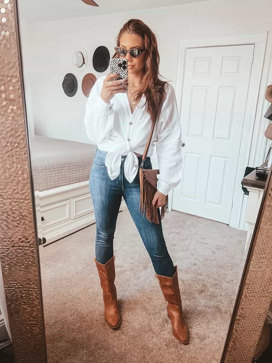 1 – Wear Mid-Calf Boots With White Button-Down Shirt And Skinny Jeans