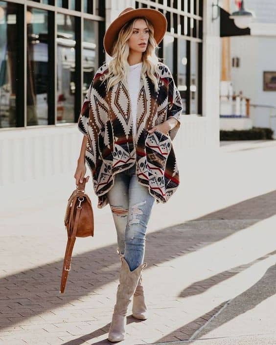 11 – Aztec Print Poncho With Pockets And Ripped Skinny Jeans