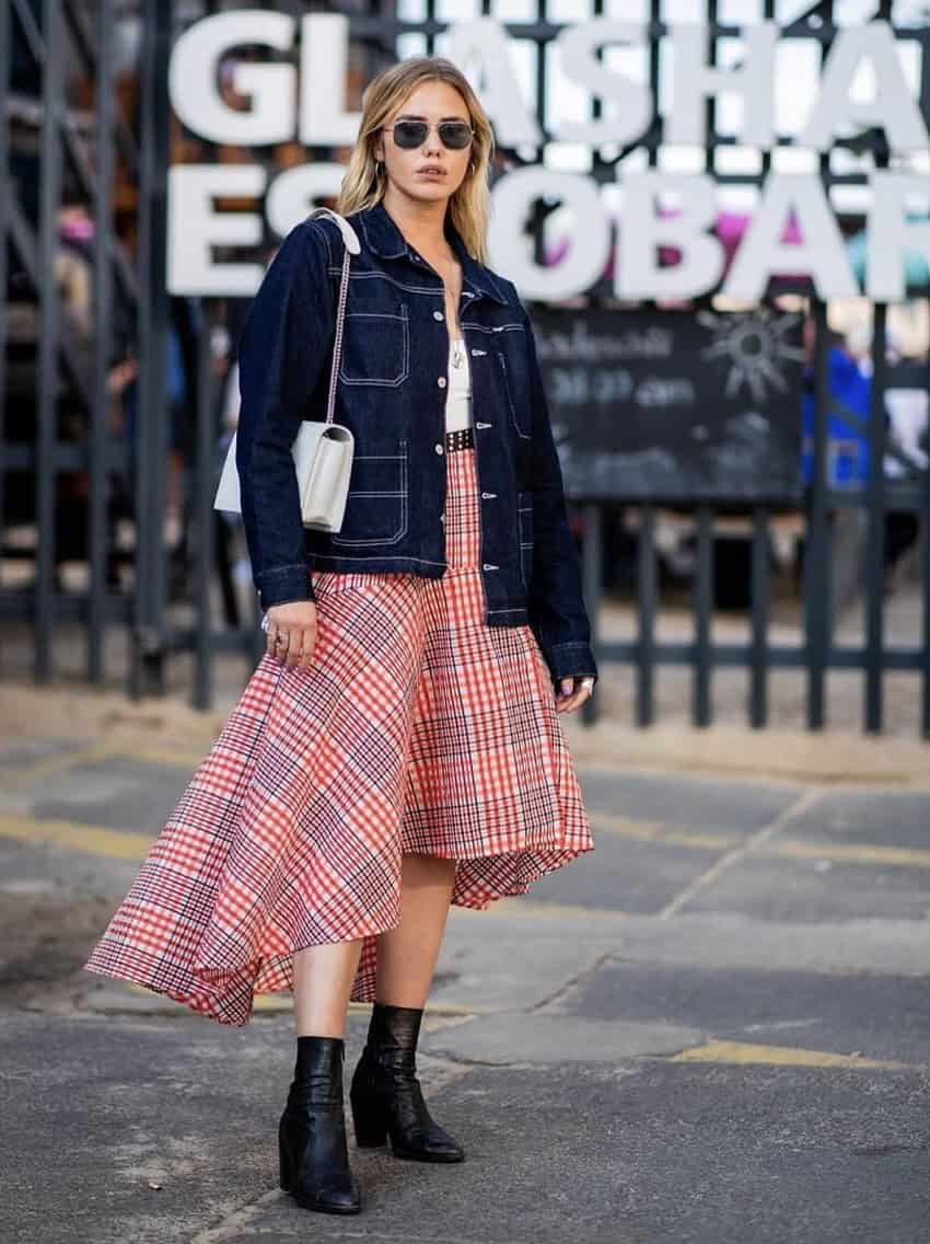 3 – Denim Jacket and Colourful Plaid Skirt