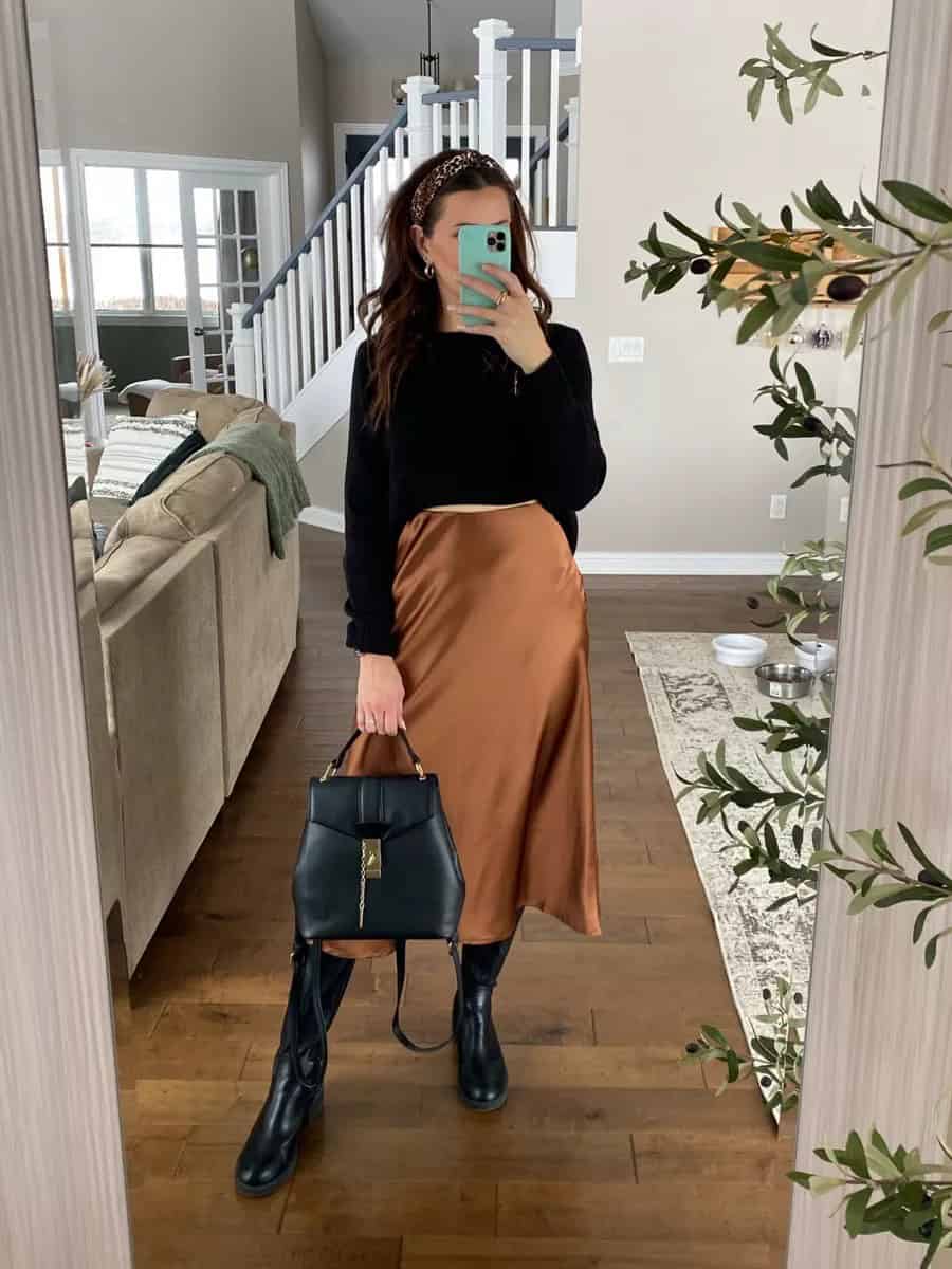 18 – Opt for a Satin Midi Skirt in Earthy Tones to Exude Fall Vibes