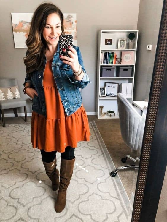 7 – Burnt Orange Trucker Jacket Outfit