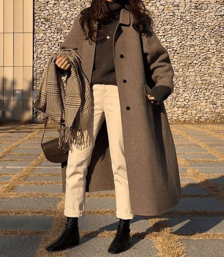 11 – Pair a Large Brown Coat and Wide-Leg White Pants