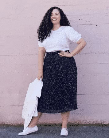 3 – White Tee in Bishop Sleeves + Sparkly Midi Skirt