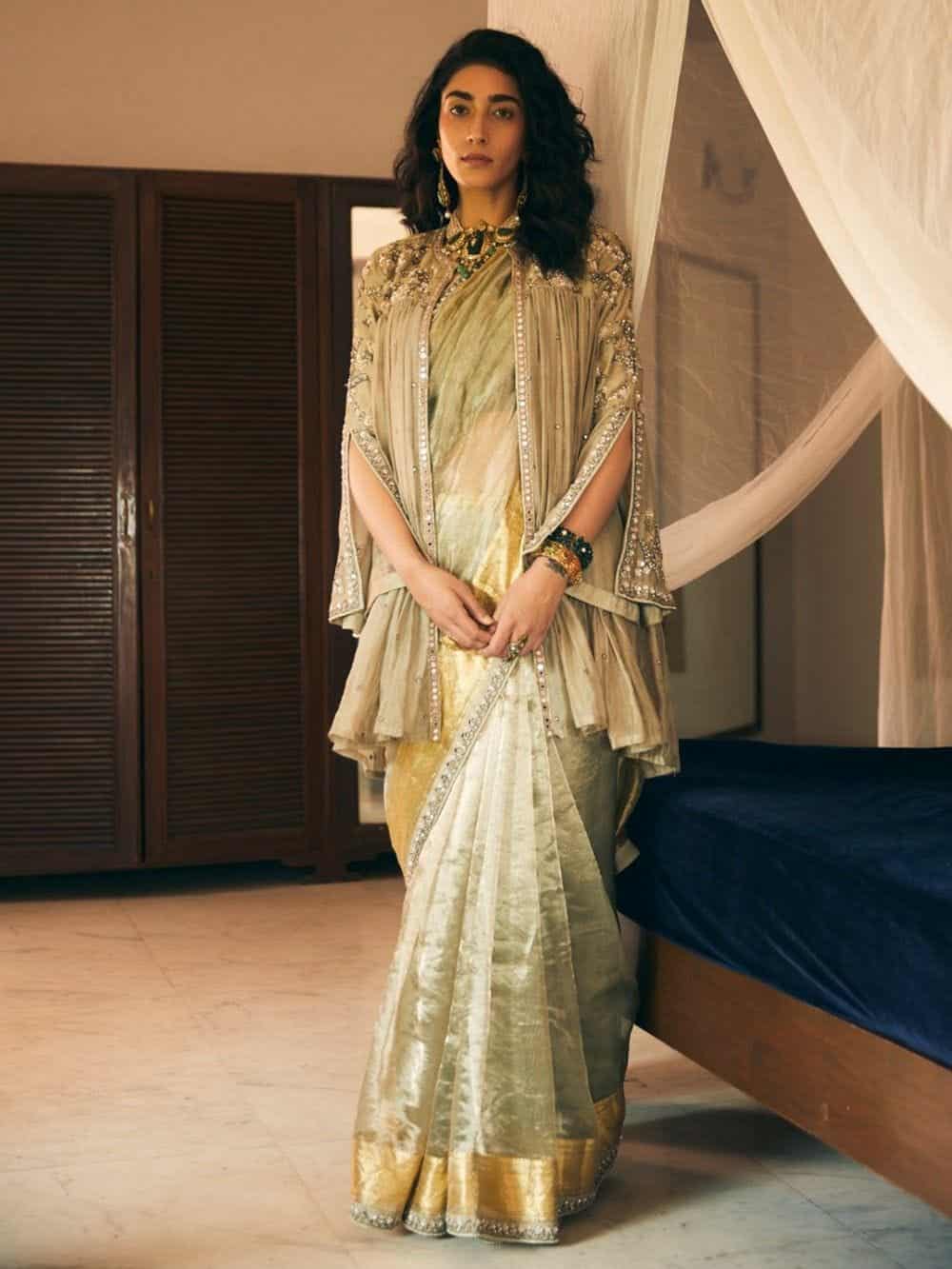 Hand Embroidered Saree with Chanderi Jacket