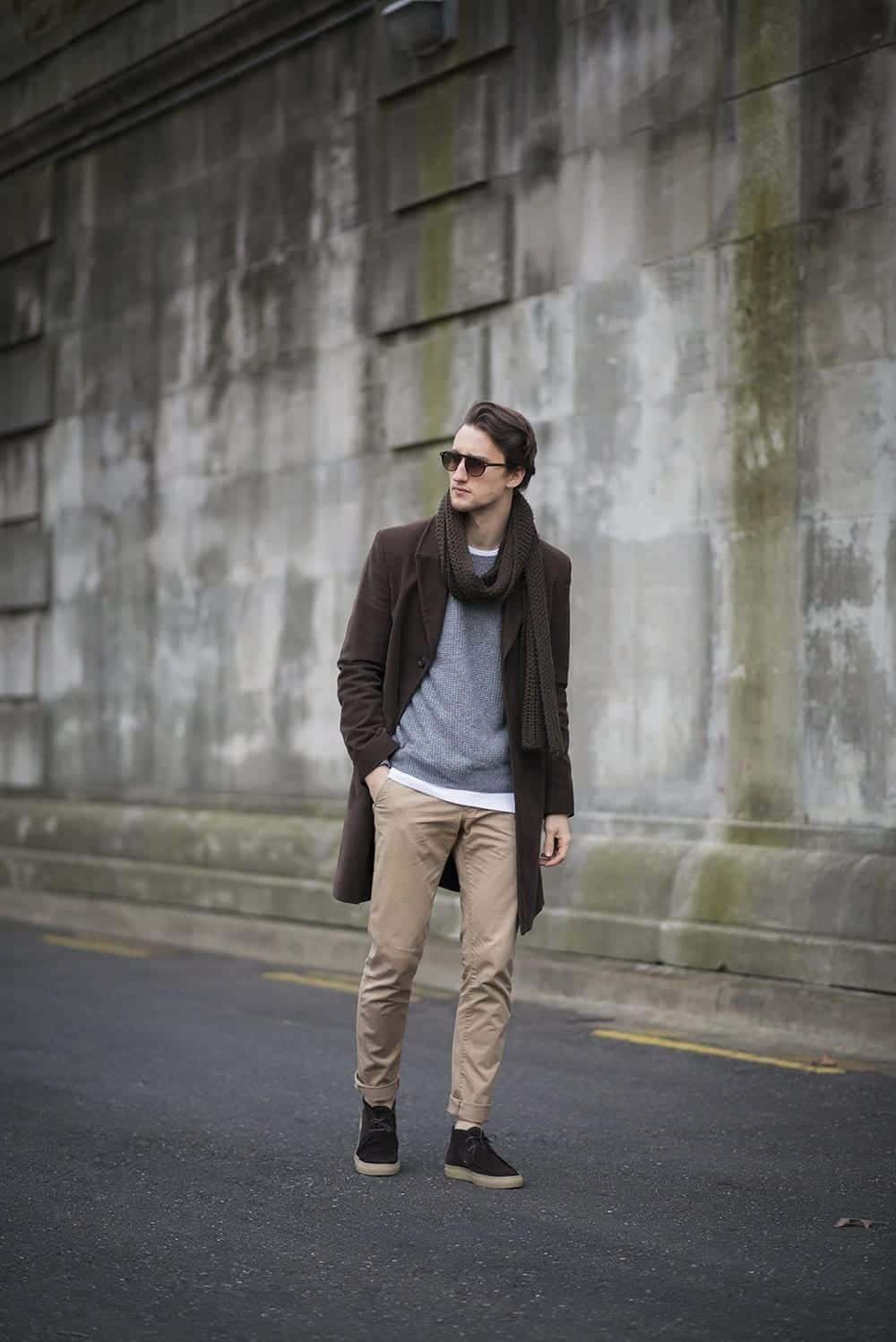 ↓ 8 – Long Coat with Khaki Pants