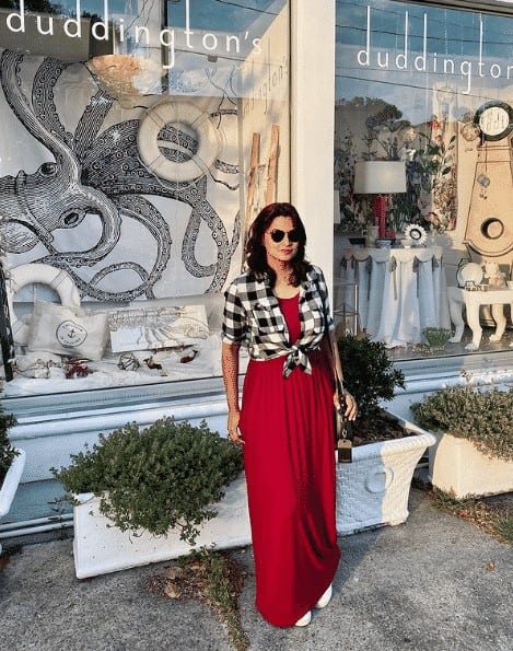 15 – Red Maxi Dress With A Button Down T-shirt