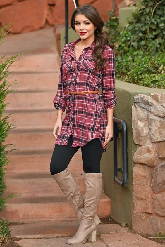 24 – High Heel Boots With Skinny Jeans And Plaid Shirt