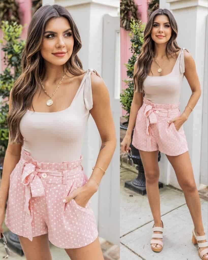 Polka Pink Shorts Paired with Shoulder Tie Top