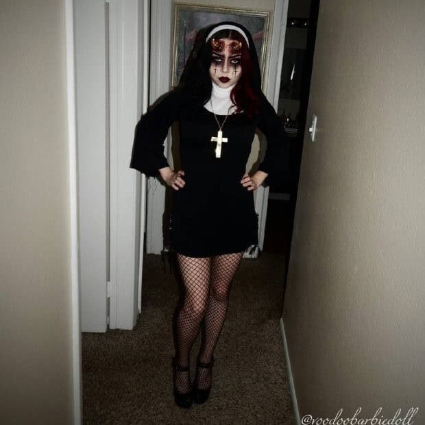 8 – Scary Nun Outfit With Black Dress, Fishnet Stockings, and White Turtleneck