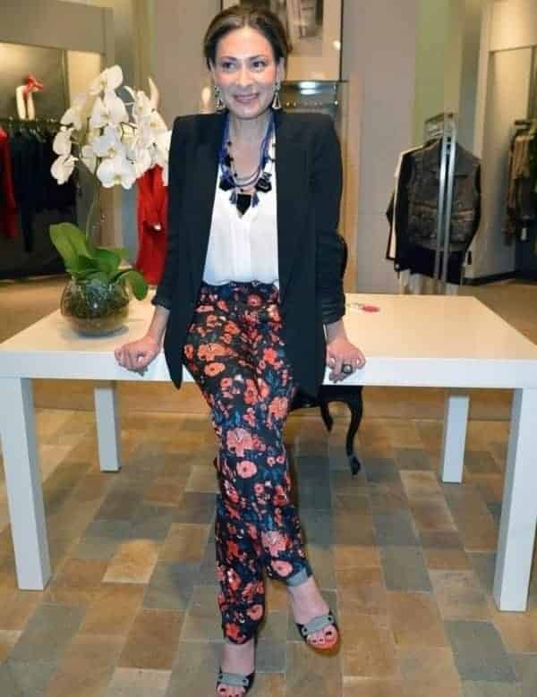 ↓ 14. Black Blazer with Floral Pants