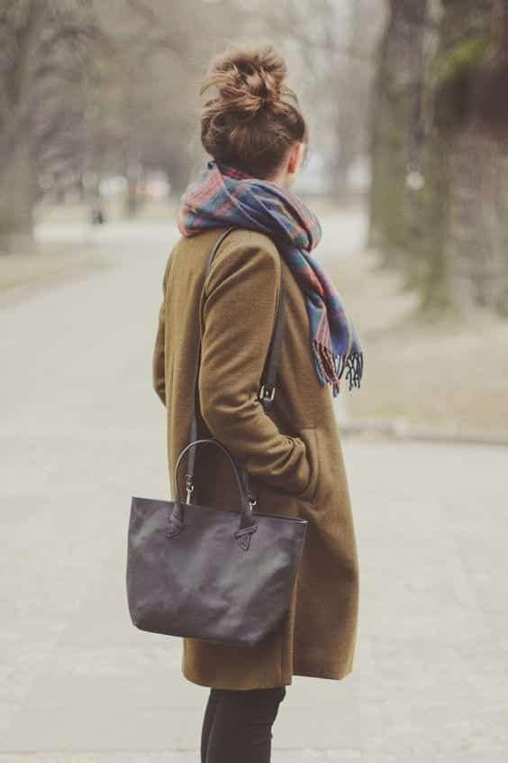 20 – Thick Plaid Scarf With Brown Woolen Coat