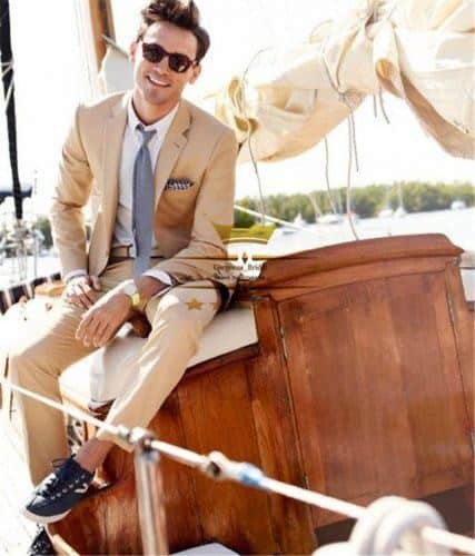 2 – Summer Tan Wedding Suit With Black Sneakers