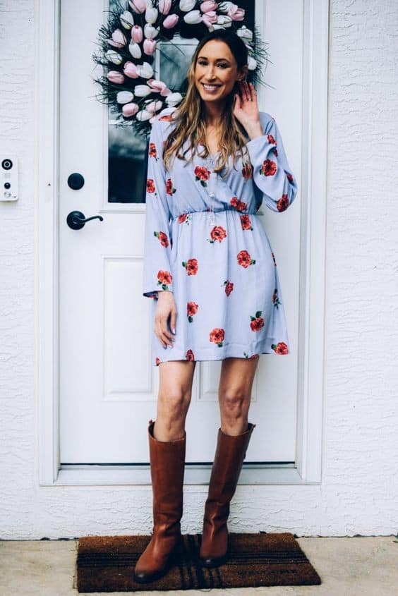 67 – Baby Blue Floral Dress With Brown Boots