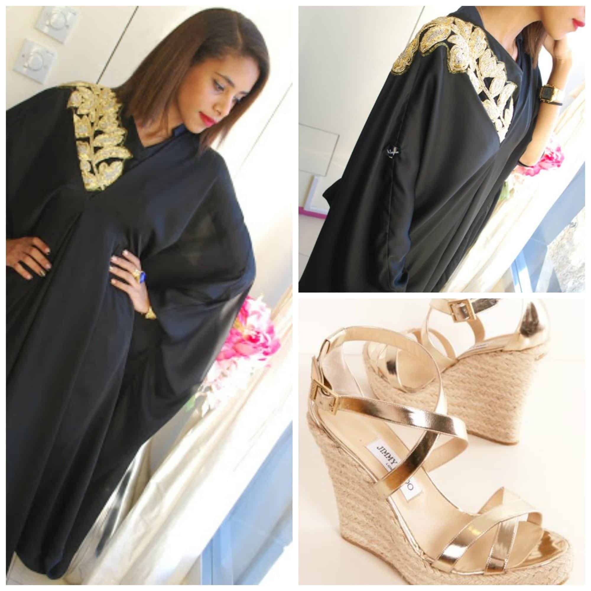 ↓ 9 – Golden Wedge Heels with Party Abaya