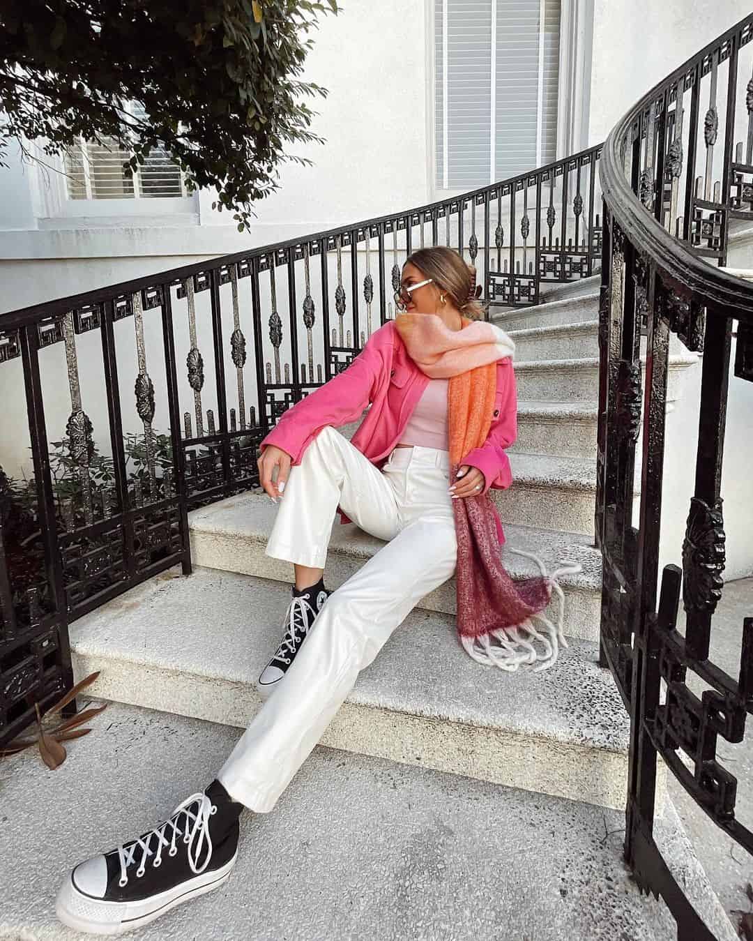 6 – Pink Shacket With White Pants & Colorful Scarf