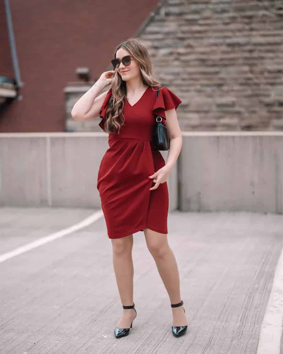 10 – Maroon Dress With Black Ankle Strap Heels