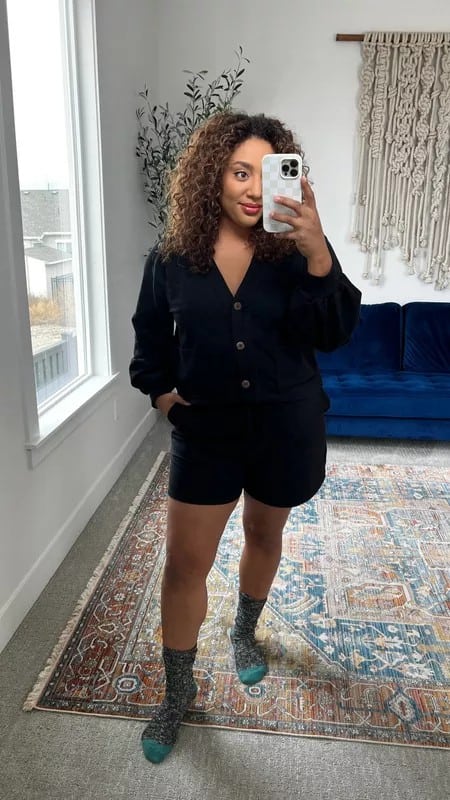 6 – Black Buttoned Cardigan With Thigh-Length Shorts