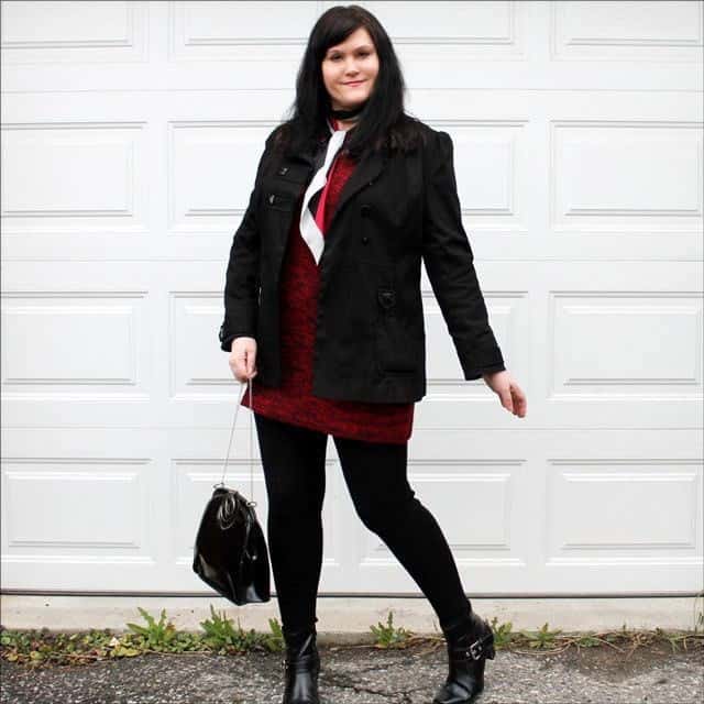 11 – Red Top With Black Jeans, Boots, And Jacket