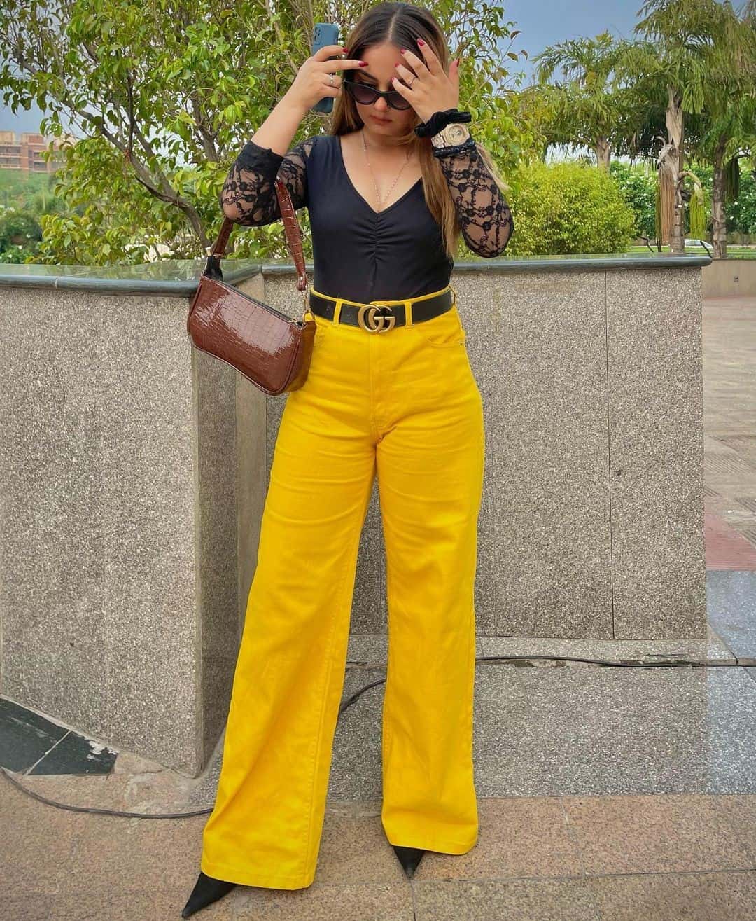 7 – Color block Yellow Pants with A Black Ruched Top With Lace Sleeves