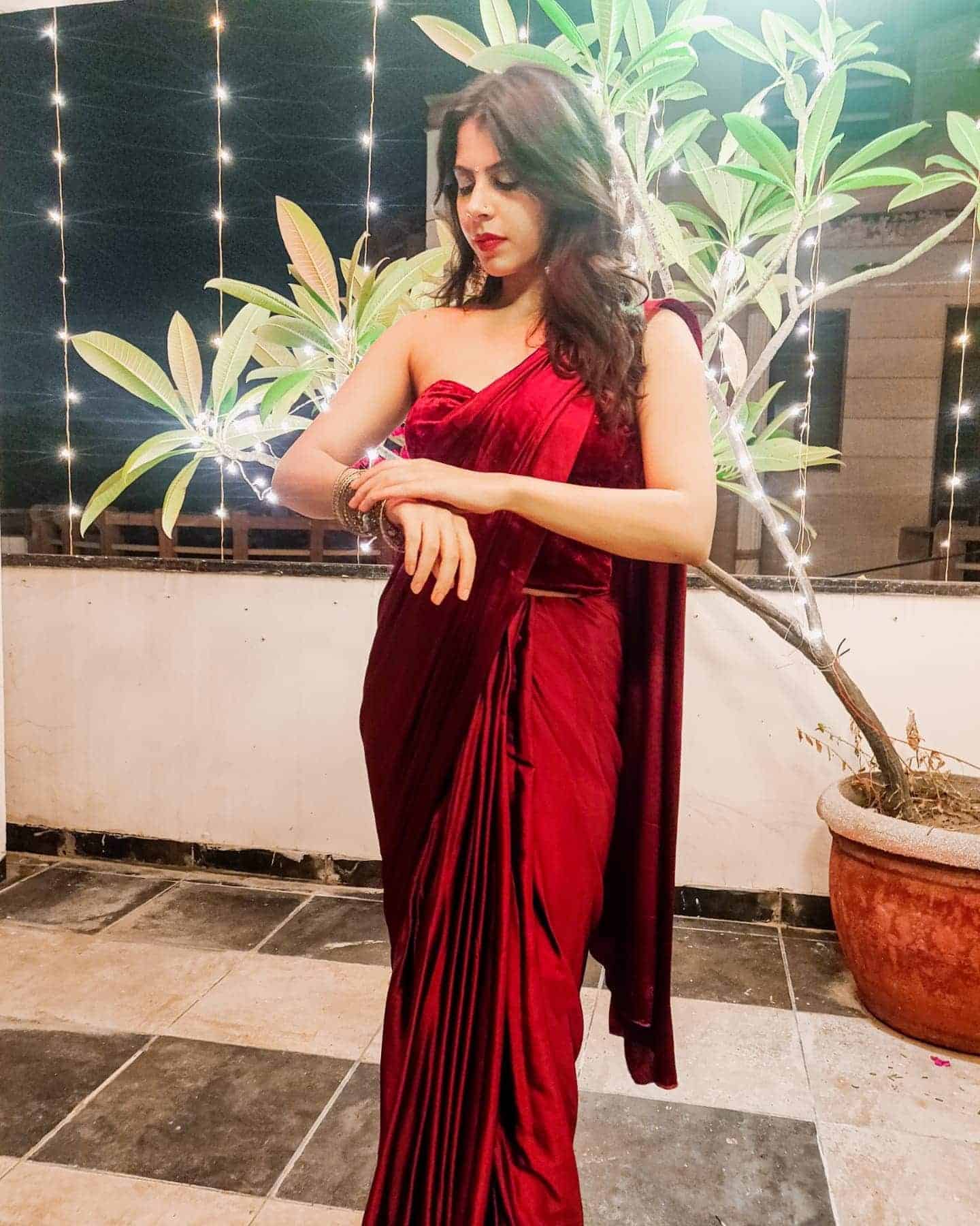 Saree with Velvet Crop Top