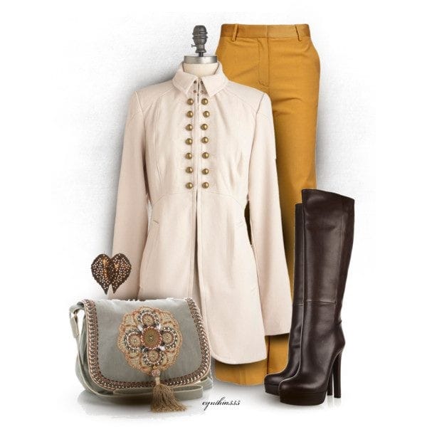 34 –  Boots With Yellow Pants And Military Style Jacket