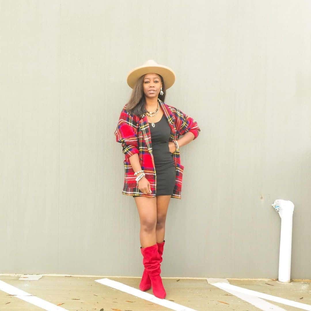 12 – Red Plaid Shacket With Mini Dress & Heeled Boots