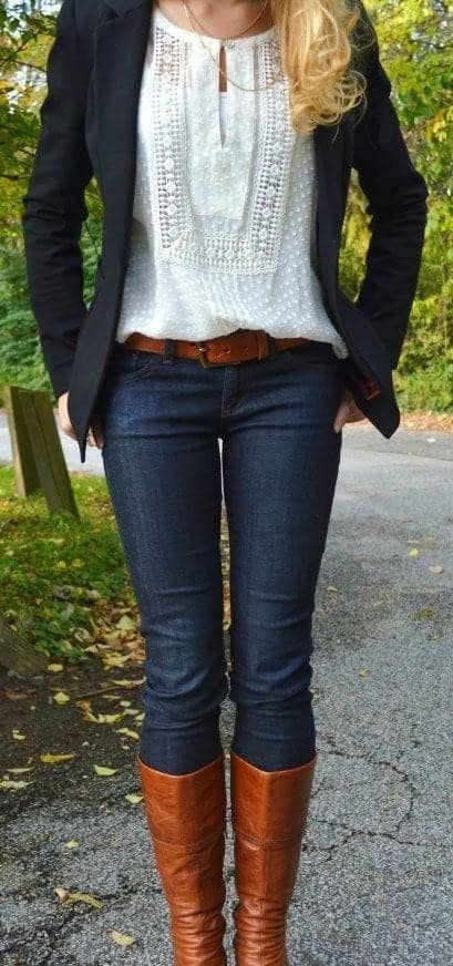 47 – White Lace Top + Blazer + Cowboy Boots