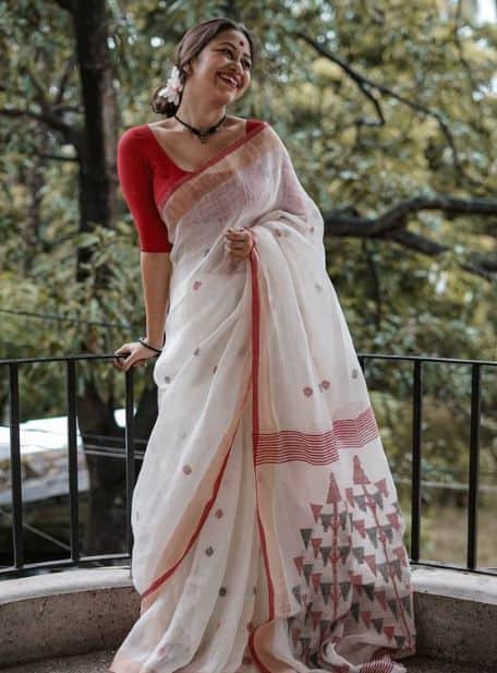 8 – Red Silk Blouse and White Saree