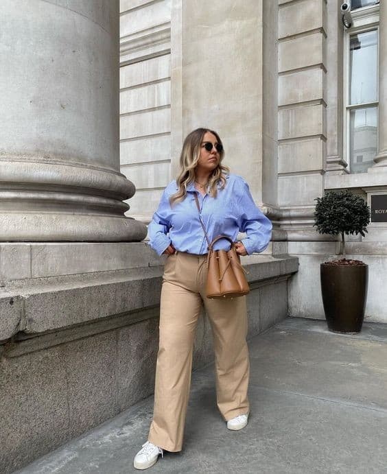 10 – French blue shirt with camel pants & white sneakers