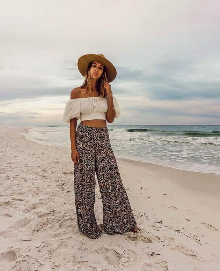 17 – White Off-Shoulder Crop Top With Cheetah Print Pants